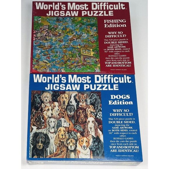 2x World's Most Difficult JIGSAW PUZZLE 529pc DOGS FISHING Double-Sided NIB NEW - Picture 1 of 6